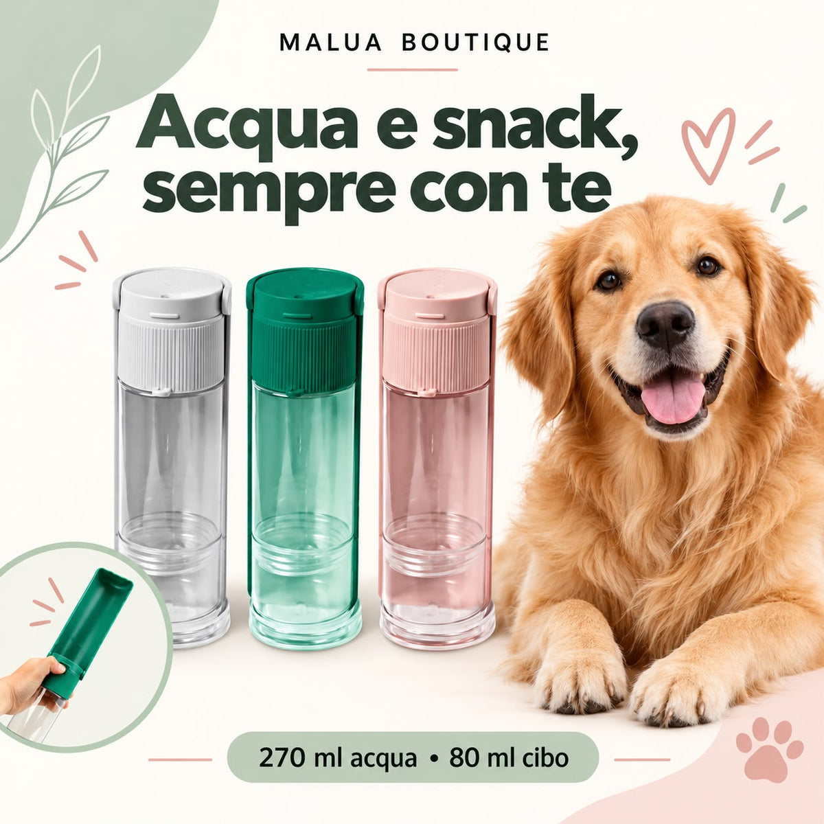 MALUA PetGo Borraccia per Cani portatile con porta crocchette