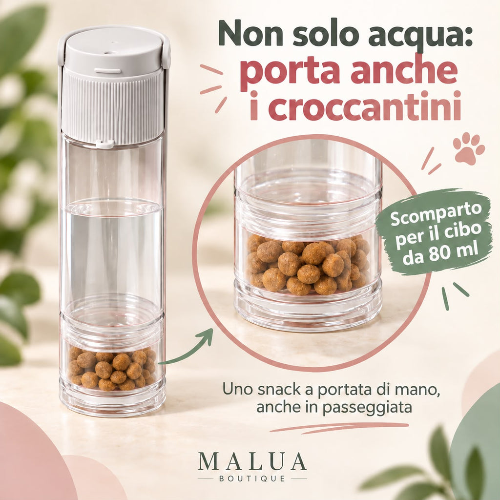 MALUA PetGo Borraccia per Cani portatile con porta crocchette
