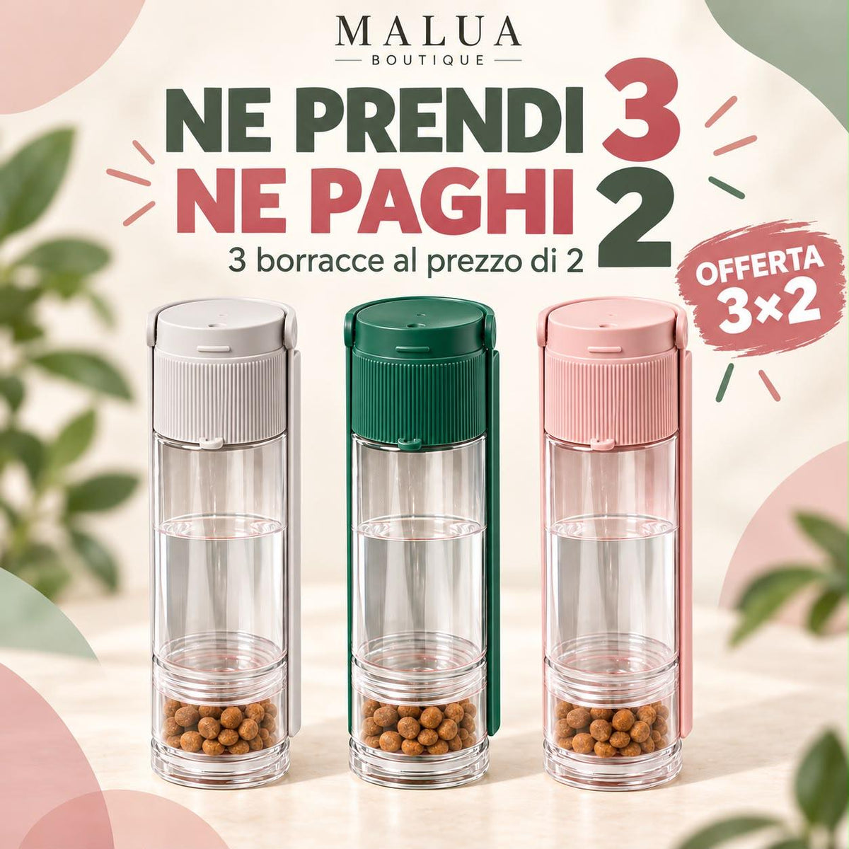 MALUA PetGo Borraccia per Cani portatile con porta crocchette